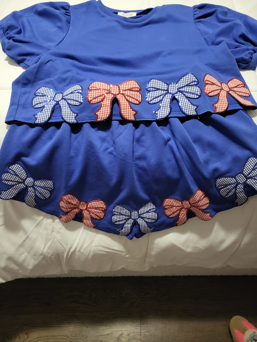 Peach Love Blue Bow-Trim Skort Set